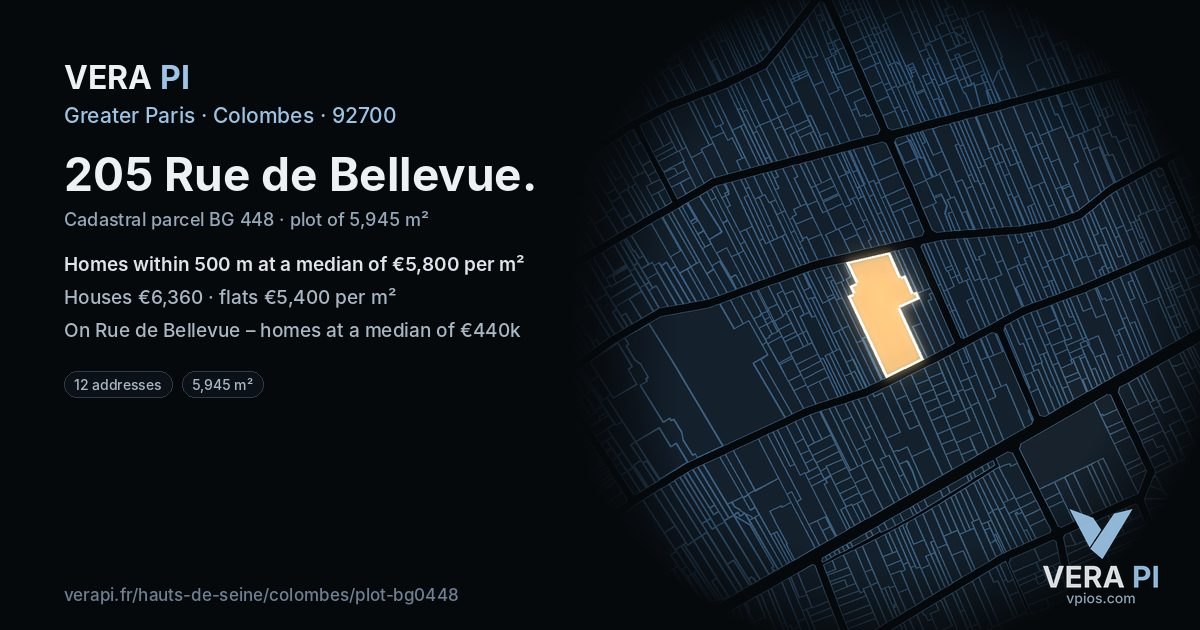 205 Rue de Bellevue, Colombes at night – the plot lit, the parcels around coloured by the prices near them