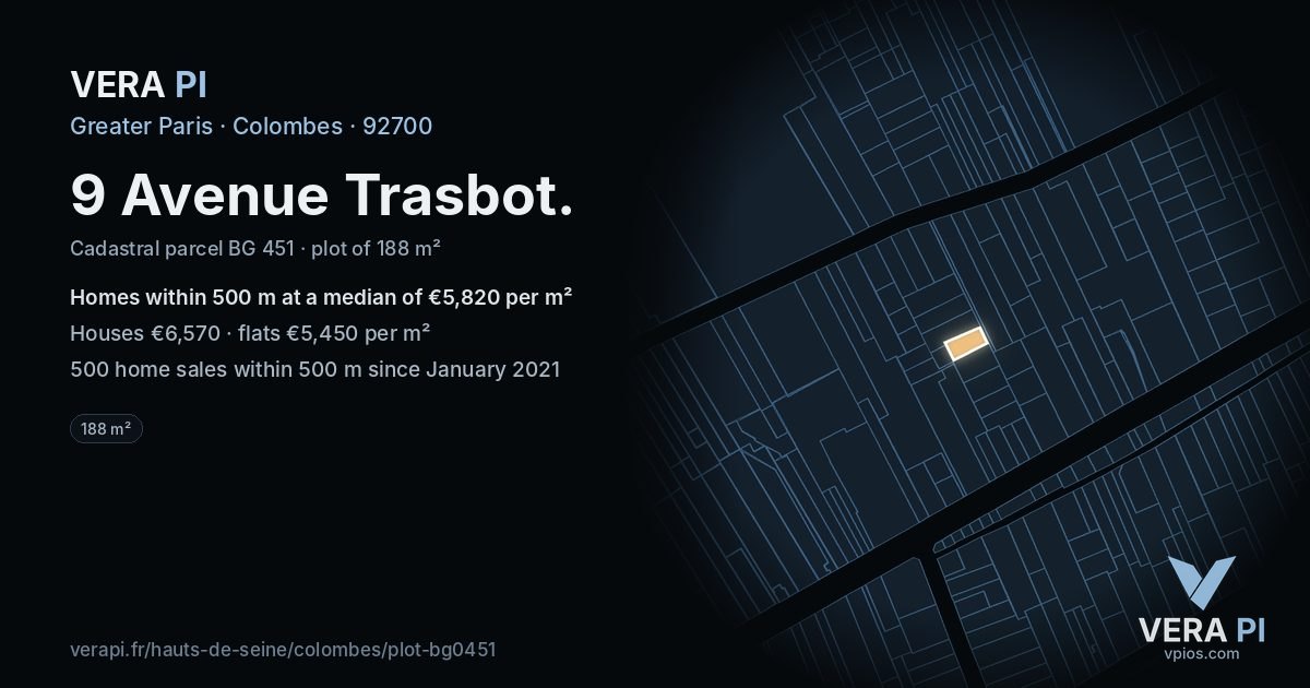 9 Avenue Trasbot, Colombes at night – the plot lit, the parcels around coloured by the prices near them