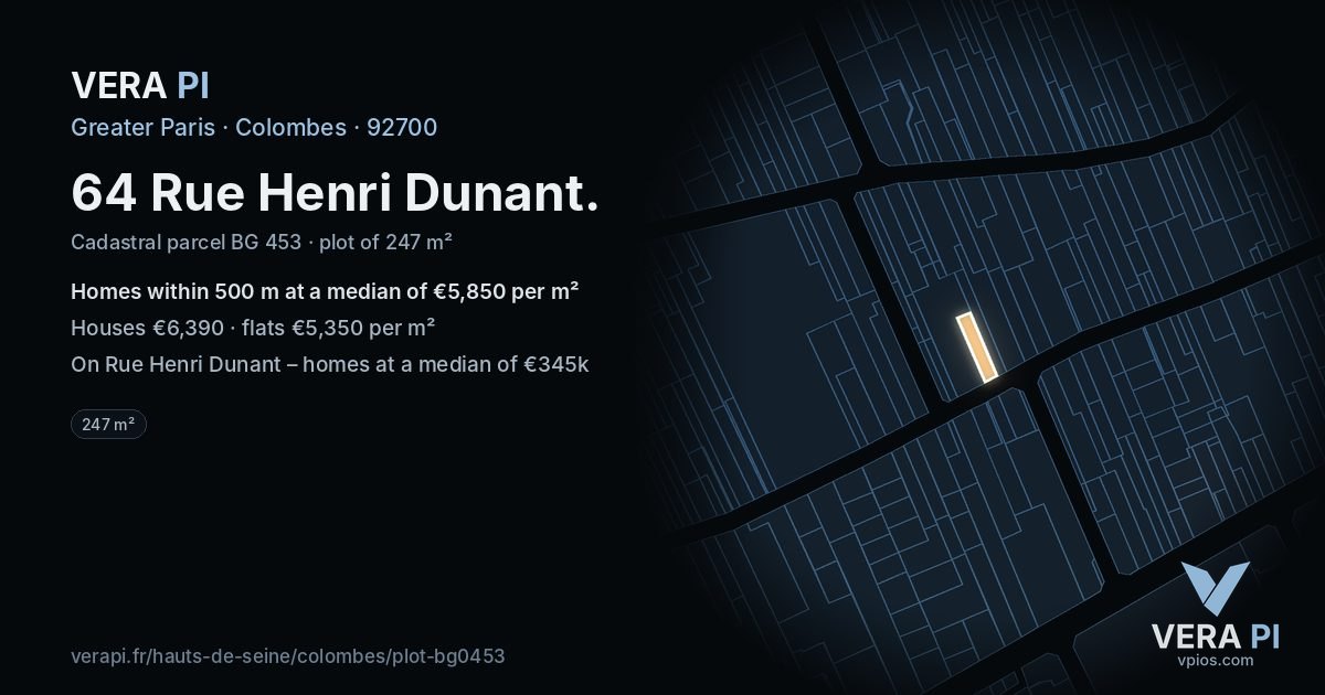 64 Rue Henri Dunant, Colombes at night – the plot lit, the parcels around coloured by the prices near them