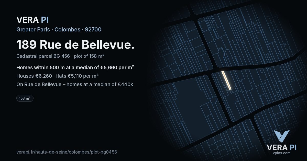 189 Rue de Bellevue, Colombes at night – the plot lit, the parcels around coloured by the prices near them