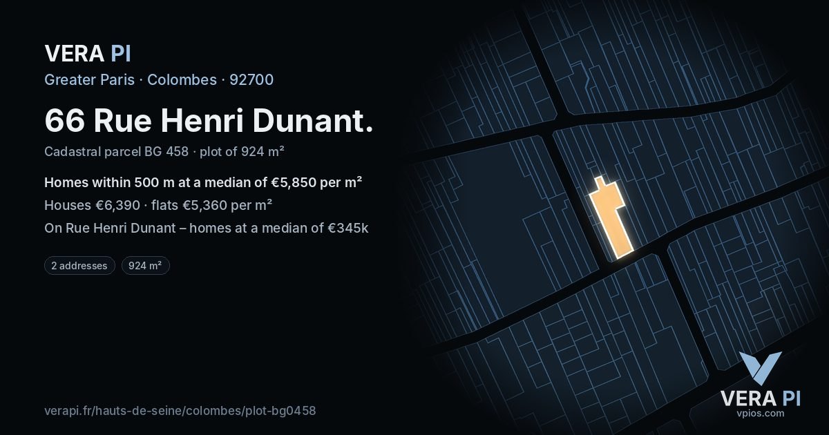 66 Rue Henri Dunant, Colombes at night – the plot lit, the parcels around coloured by the prices near them