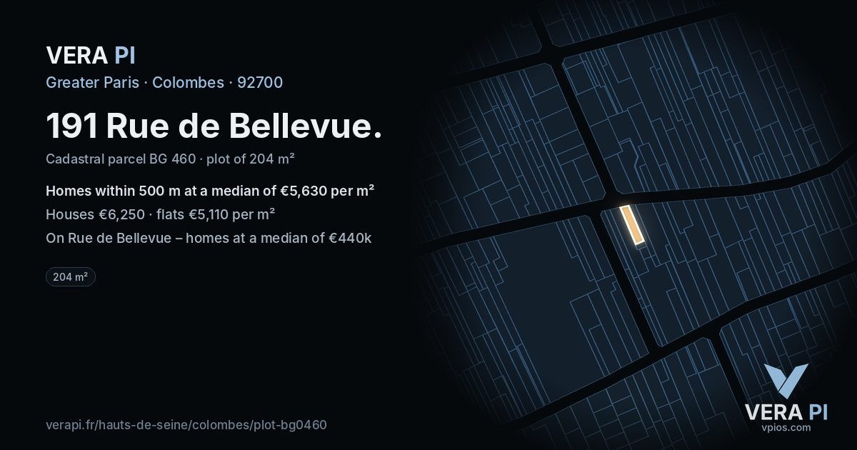 191 Rue de Bellevue, Colombes at night – the plot lit, the parcels around coloured by the prices near them