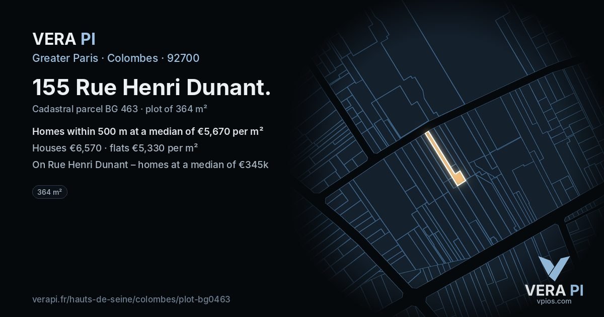 155 Rue Henri Dunant, Colombes at night – the plot lit, the parcels around coloured by the prices near them