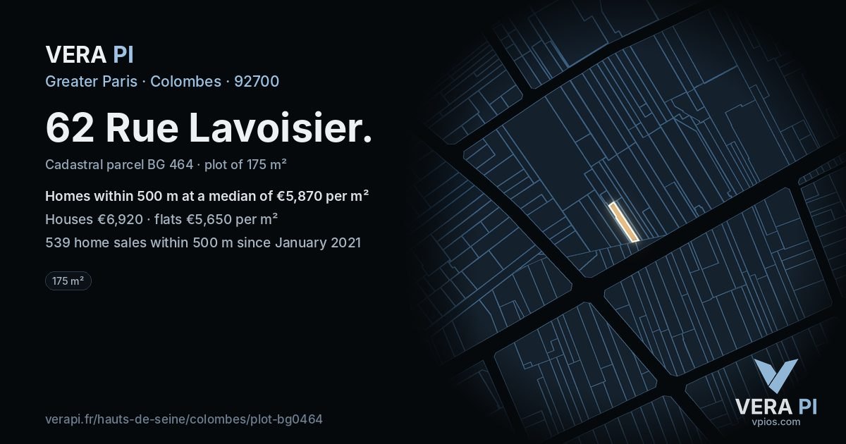 62 Rue Lavoisier, Colombes at night – the plot lit, the parcels around coloured by the prices near them