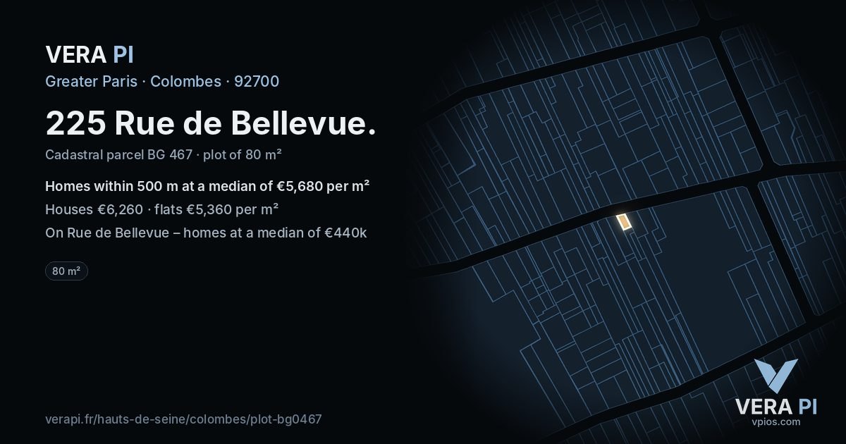 225 Rue de Bellevue, Colombes at night – the plot lit, the parcels around coloured by the prices near them