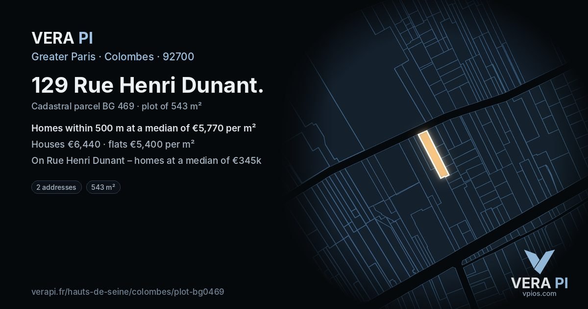 129 Rue Henri Dunant, Colombes at night – the plot lit, the parcels around coloured by the prices near them