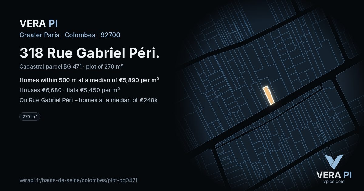 318 Rue Gabriel Péri, Colombes at night – the plot lit, the parcels around coloured by the prices near them