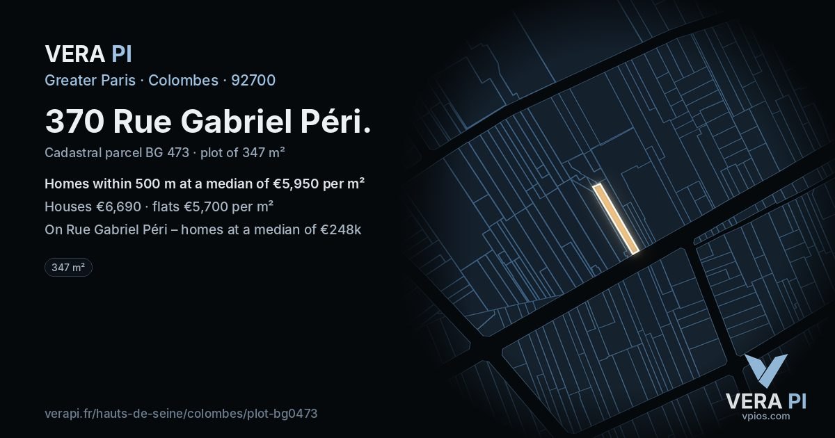 370 Rue Gabriel Péri, Colombes at night – the plot lit, the parcels around coloured by the prices near them