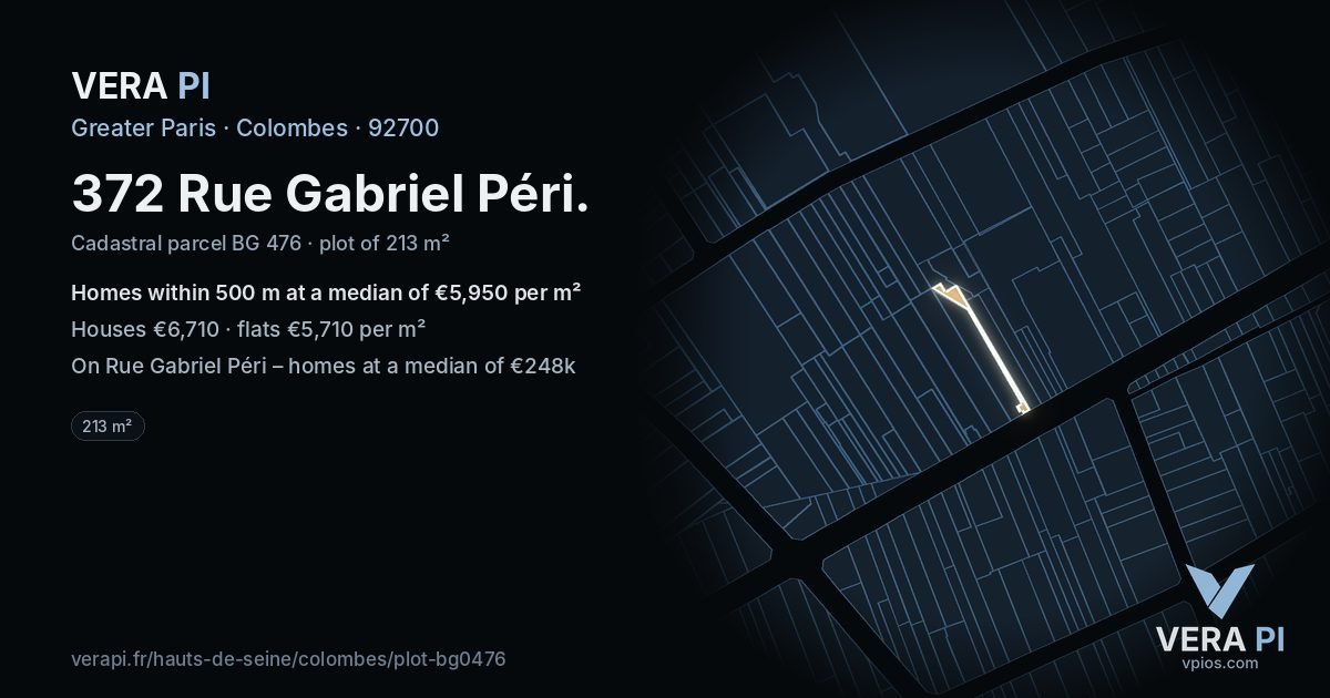 372 Rue Gabriel Péri, Colombes at night – the plot lit, the parcels around coloured by the prices near them