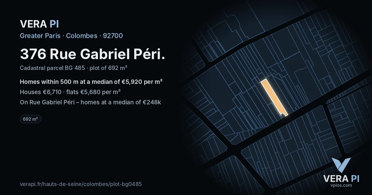 376 Rue Gabriel Péri, Colombes at night – the plot lit, the parcels around coloured by the prices near them