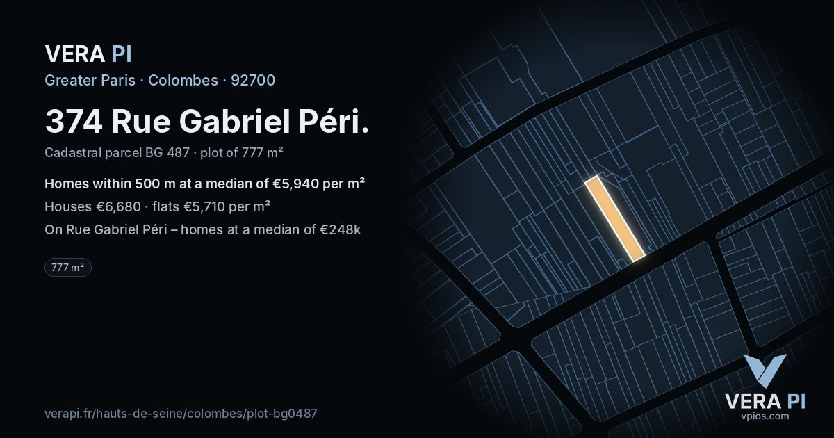 374 Rue Gabriel Péri, Colombes at night – the plot lit, the parcels around coloured by the prices near them