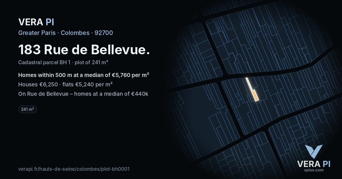 183 Rue de Bellevue, Colombes at night – the plot lit, the parcels around coloured by the prices near them