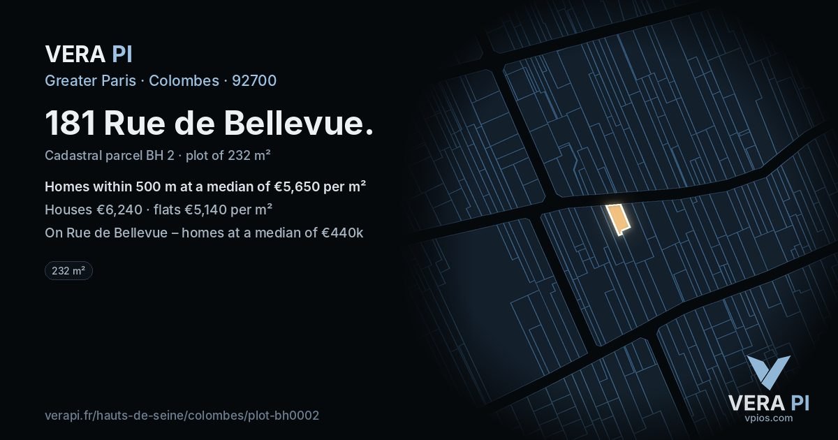 181 Rue de Bellevue, Colombes at night – the plot lit, the parcels around coloured by the prices near them