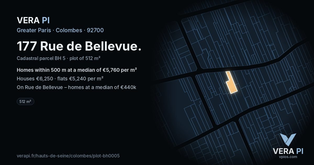 177 Rue de Bellevue, Colombes at night – the plot lit, the parcels around coloured by the prices near them