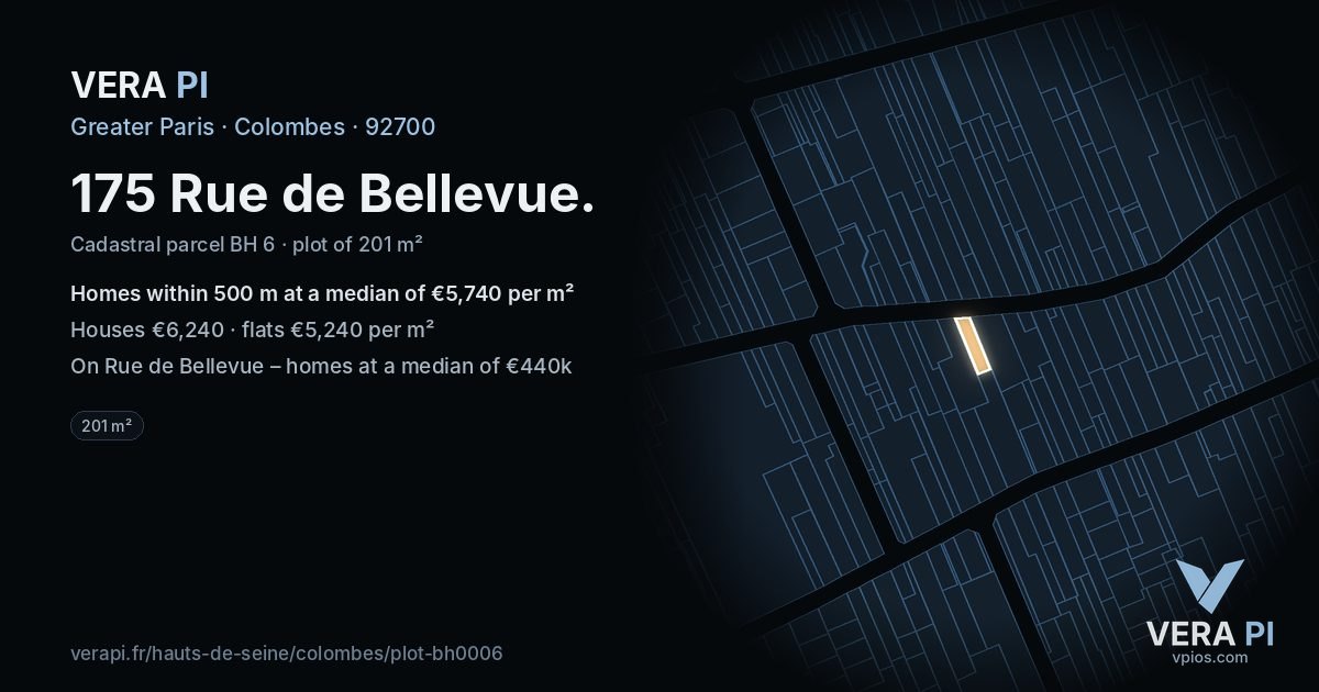 175 Rue de Bellevue, Colombes at night – the plot lit, the parcels around coloured by the prices near them