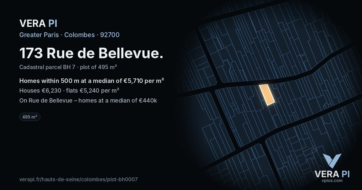 173 Rue de Bellevue, Colombes at night – the plot lit, the parcels around coloured by the prices near them