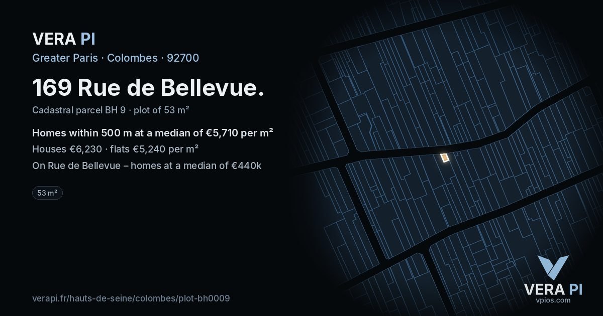 169 Rue de Bellevue, Colombes at night – the plot lit, the parcels around coloured by the prices near them