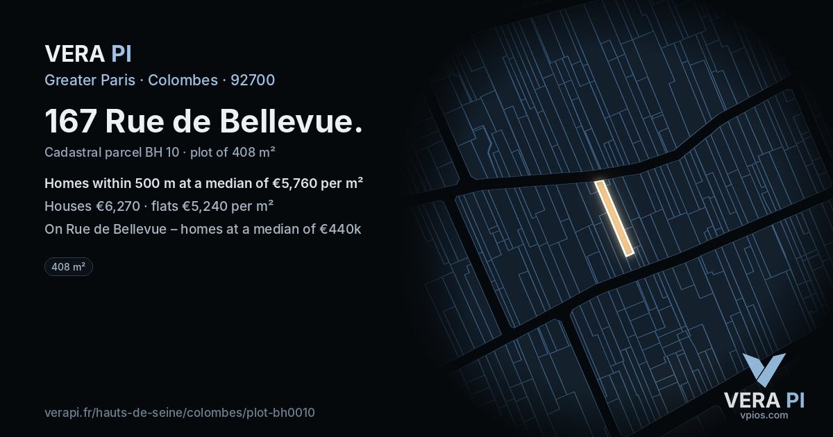 167 Rue de Bellevue, Colombes at night – the plot lit, the parcels around coloured by the prices near them