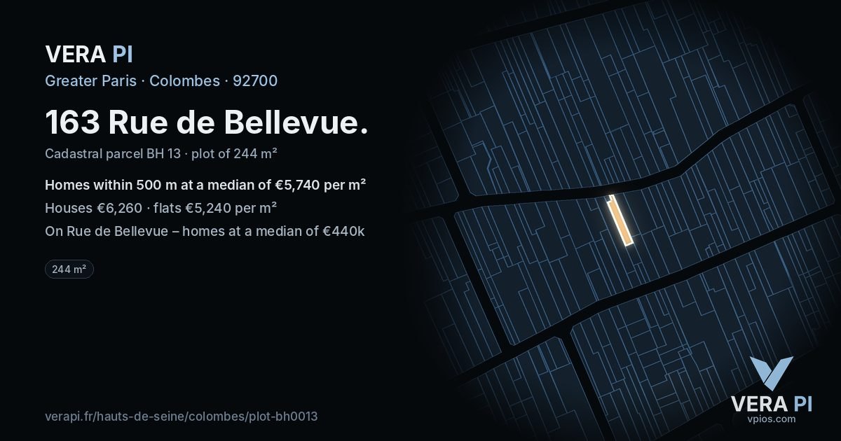 163 Rue de Bellevue, Colombes at night – the plot lit, the parcels around coloured by the prices near them