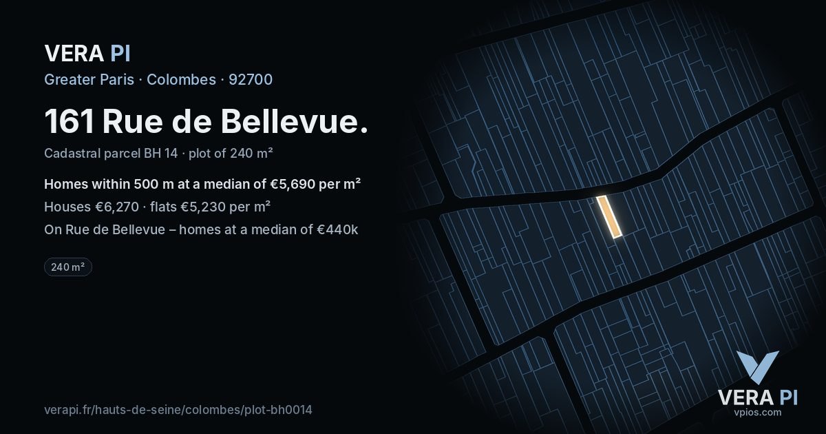 161 Rue de Bellevue, Colombes at night – the plot lit, the parcels around coloured by the prices near them
