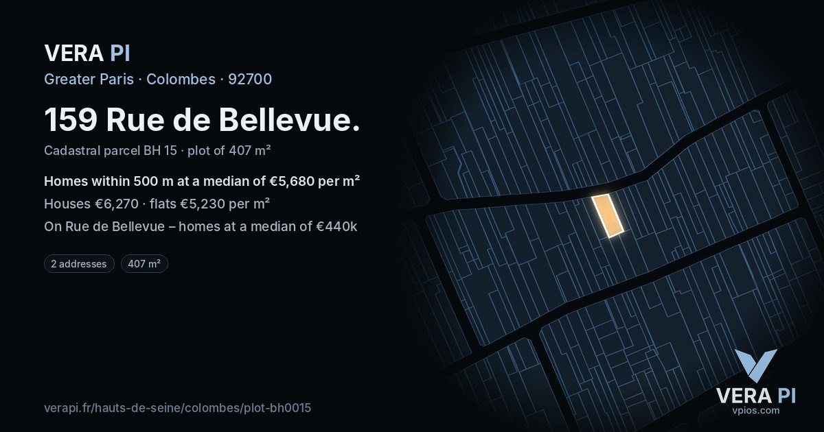 159 Rue de Bellevue, Colombes at night – the plot lit, the parcels around coloured by the prices near them