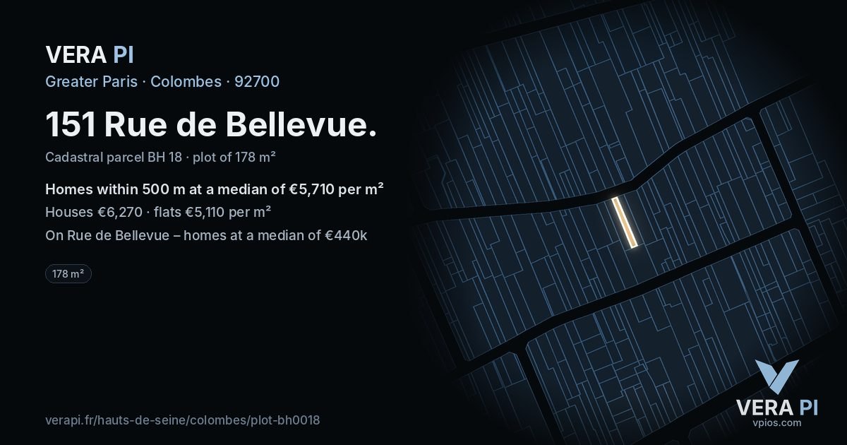 151 Rue de Bellevue, Colombes at night – the plot lit, the parcels around coloured by the prices near them