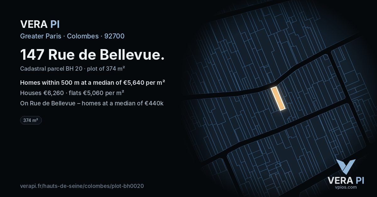 147 Rue de Bellevue, Colombes at night – the plot lit, the parcels around coloured by the prices near them
