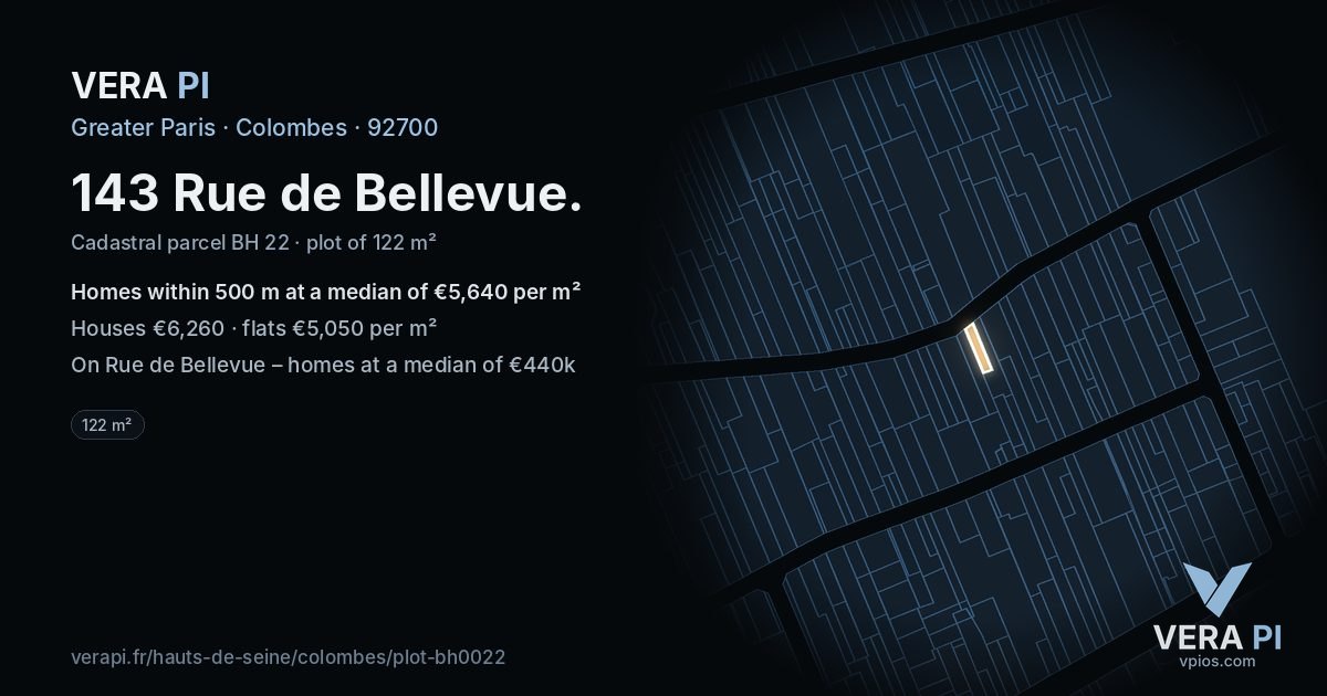 143 Rue de Bellevue, Colombes at night – the plot lit, the parcels around coloured by the prices near them