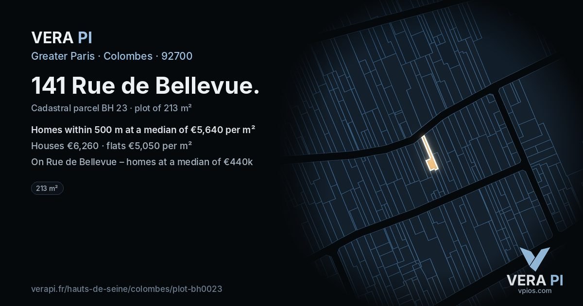 141 Rue de Bellevue, Colombes at night – the plot lit, the parcels around coloured by the prices near them