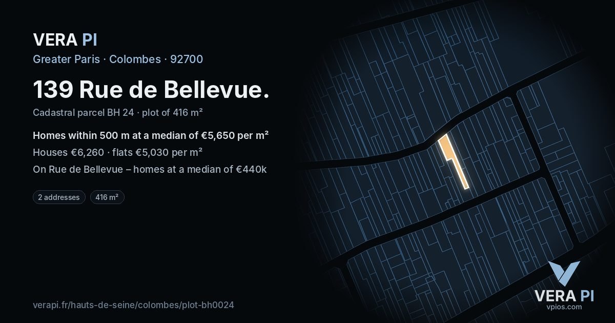 139 Rue de Bellevue, Colombes at night – the plot lit, the parcels around coloured by the prices near them