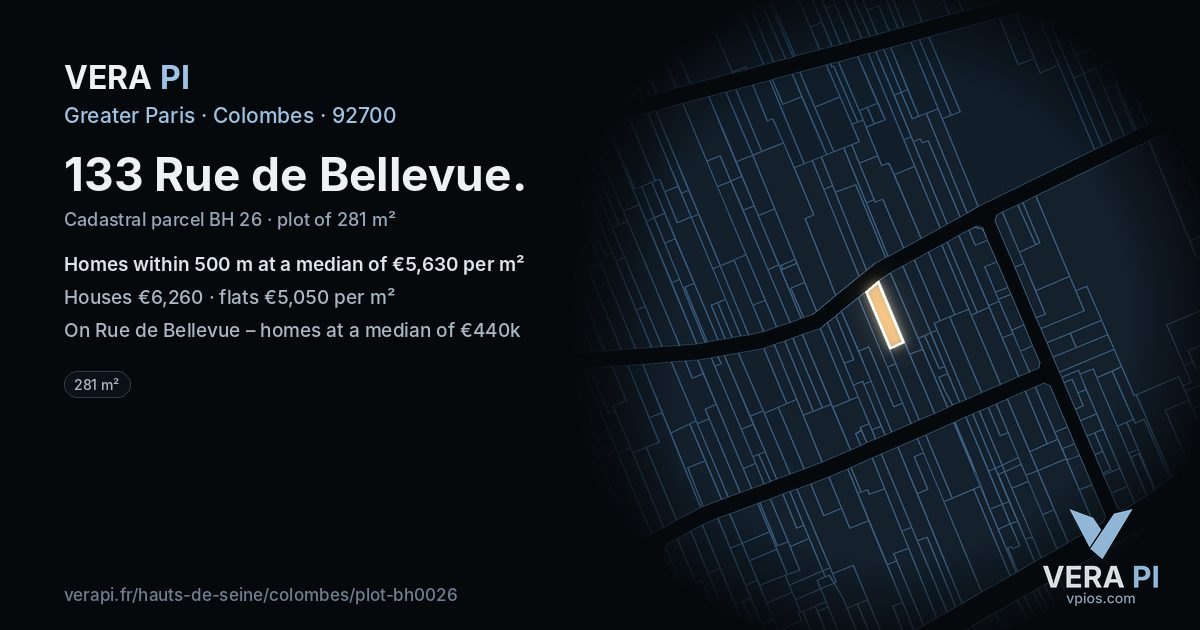 133 Rue de Bellevue, Colombes at night – the plot lit, the parcels around coloured by the prices near them