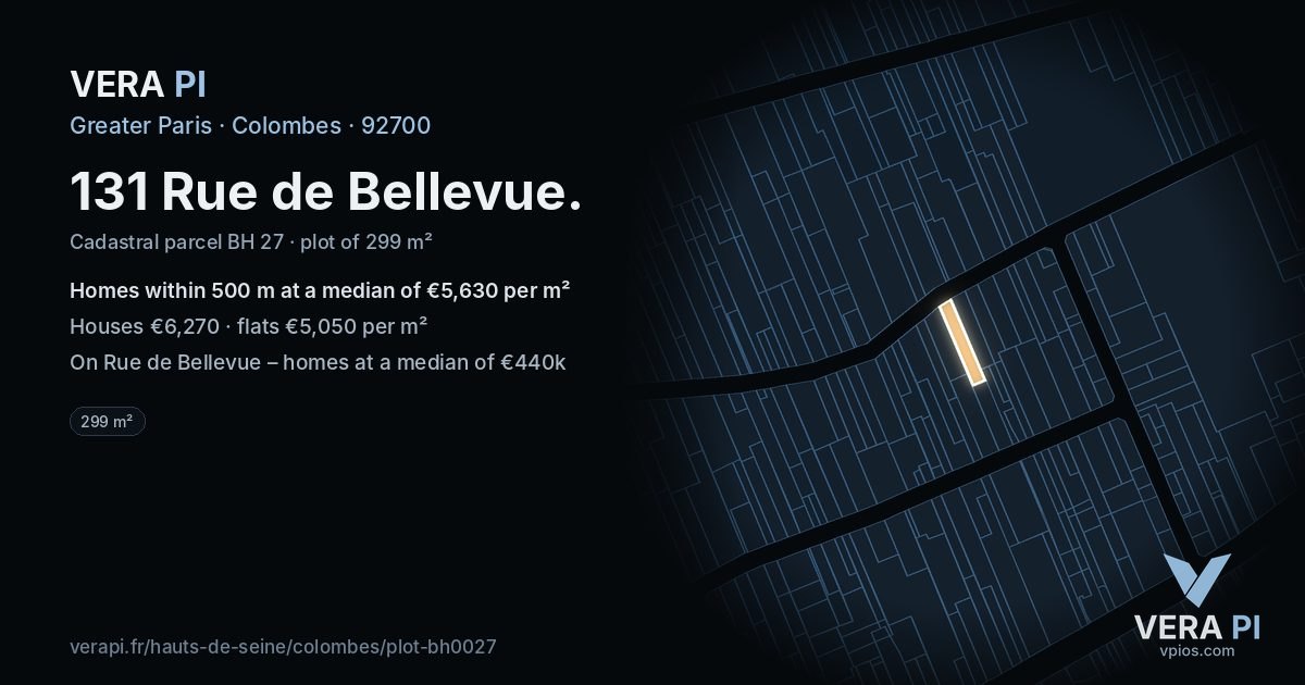 131 Rue de Bellevue, Colombes at night – the plot lit, the parcels around coloured by the prices near them