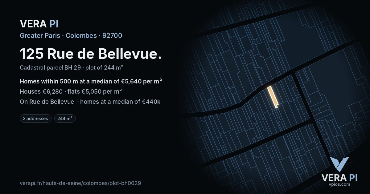 125 Rue de Bellevue, Colombes at night – the plot lit, the parcels around coloured by the prices near them