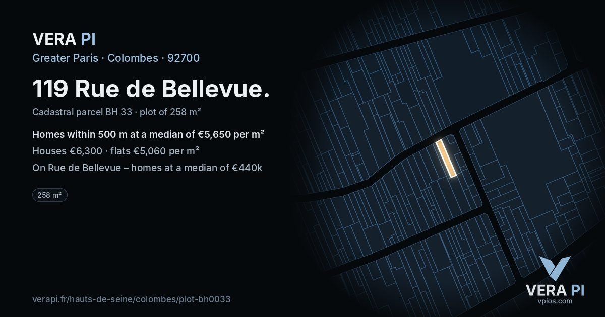 119 Rue de Bellevue, Colombes at night – the plot lit, the parcels around coloured by the prices near them