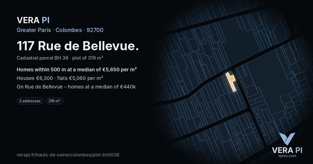 117 Rue de Bellevue, Colombes at night – the plot lit, the parcels around coloured by the prices near them