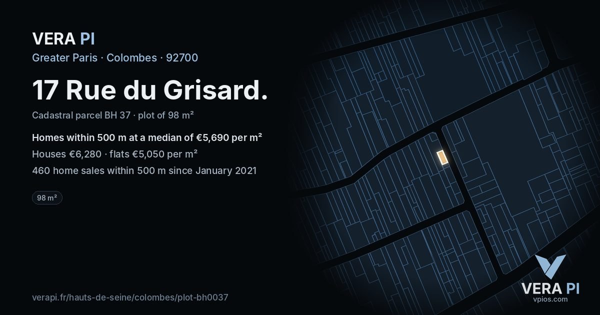 17 Rue du Grisard, Colombes at night – the plot lit, the parcels around coloured by the prices near them