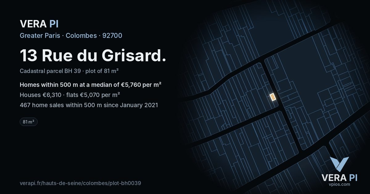 13 Rue du Grisard, Colombes at night – the plot lit, the parcels around coloured by the prices near them