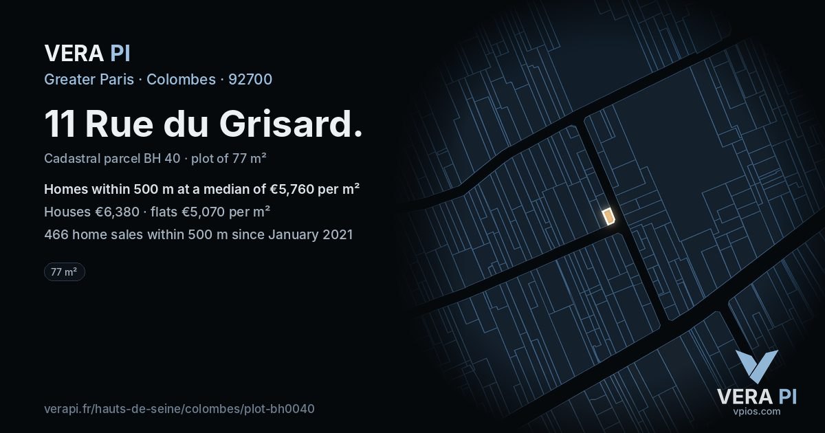 11 Rue du Grisard, Colombes at night – the plot lit, the parcels around coloured by the prices near them