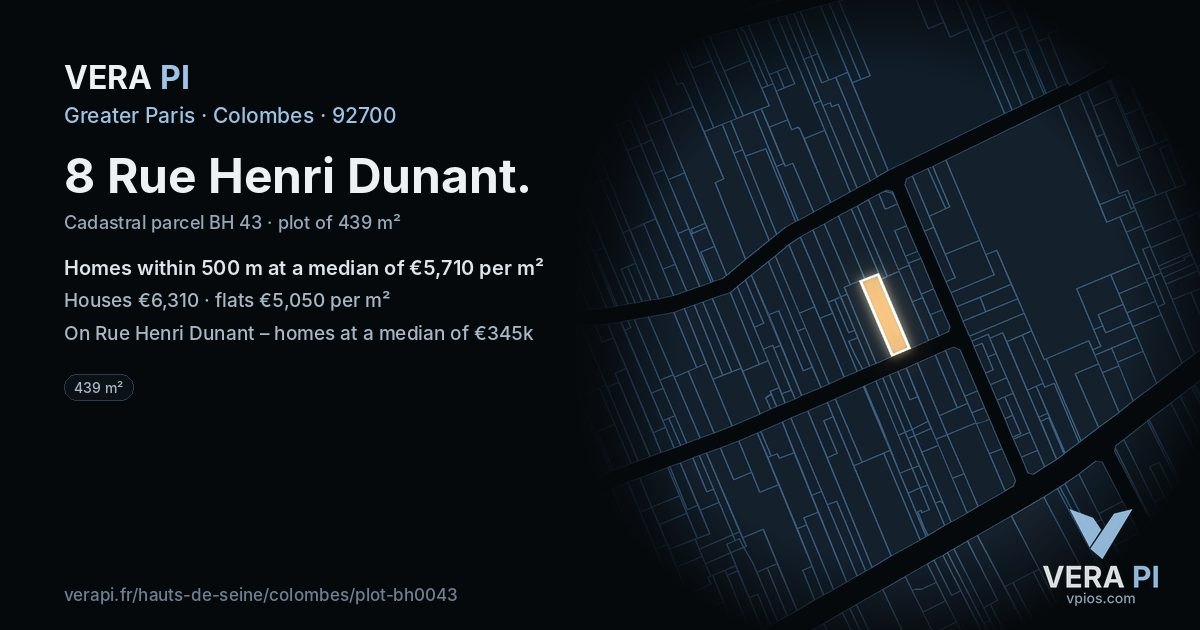 8 Rue Henri Dunant, Colombes at night – the plot lit, the parcels around coloured by the prices near them