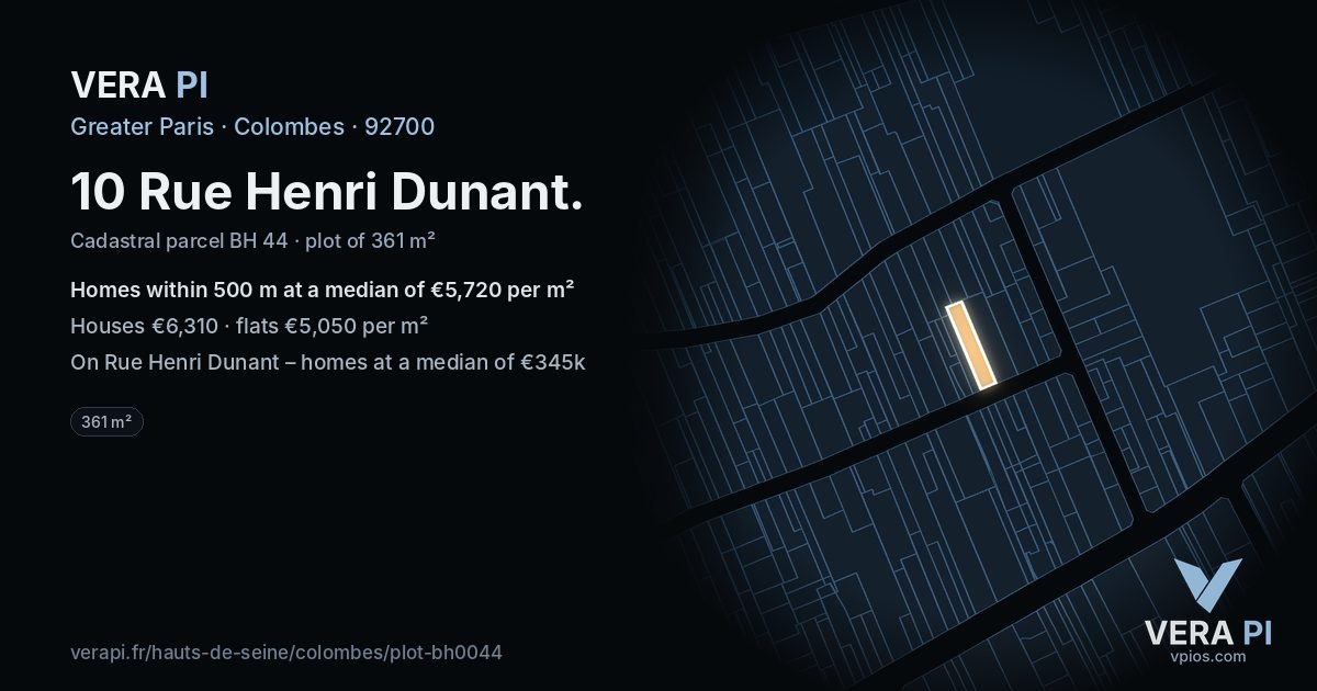 10 Rue Henri Dunant, Colombes at night – the plot lit, the parcels around coloured by the prices near them