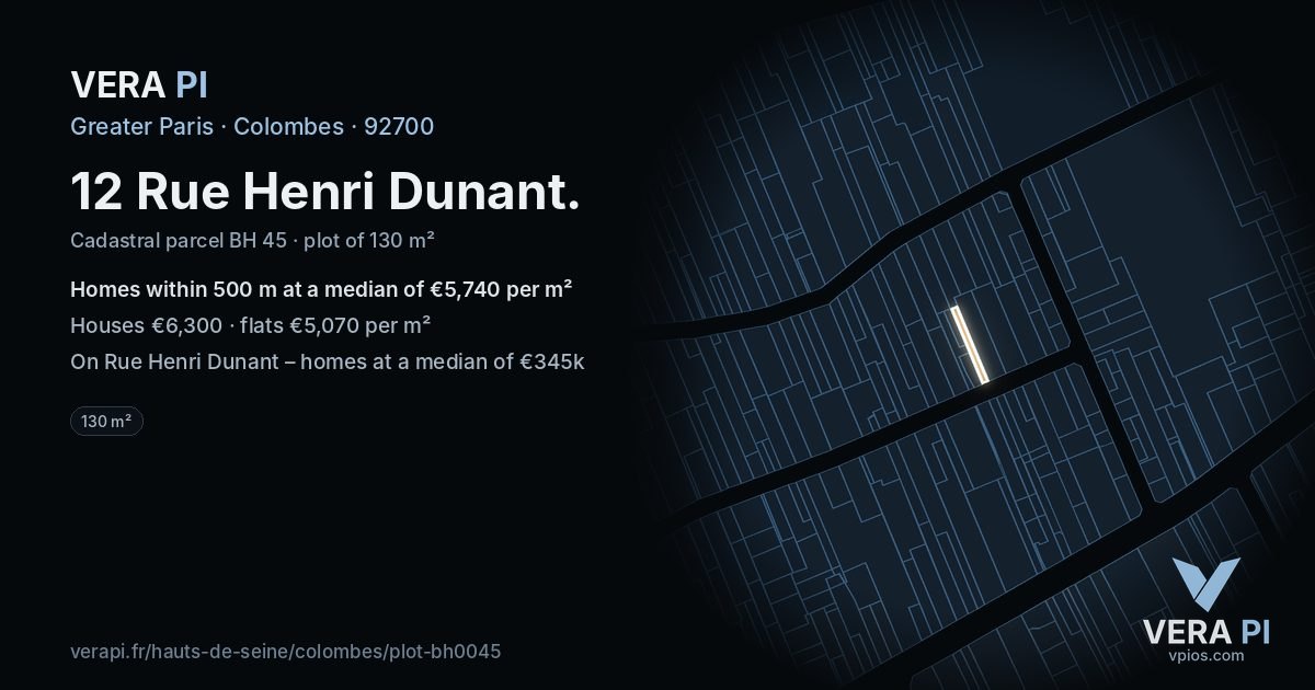 12 Rue Henri Dunant, Colombes at night – the plot lit, the parcels around coloured by the prices near them
