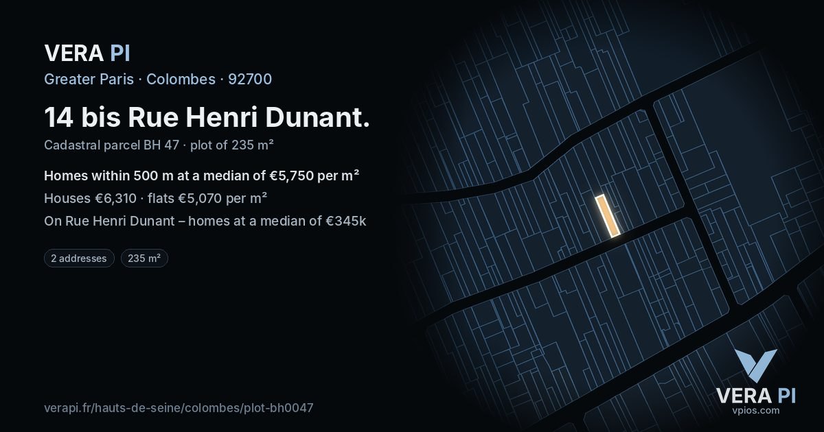 14 bis Rue Henri Dunant, Colombes at night – the plot lit, the parcels around coloured by the prices near them