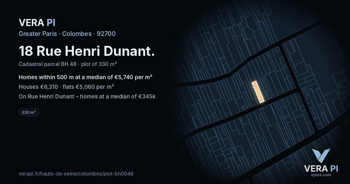 18 Rue Henri Dunant, Colombes at night – the plot lit, the parcels around coloured by the prices near them