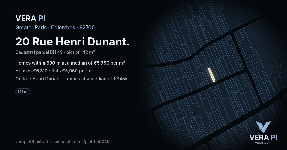 20 Rue Henri Dunant, Colombes at night – the plot lit, the parcels around coloured by the prices near them