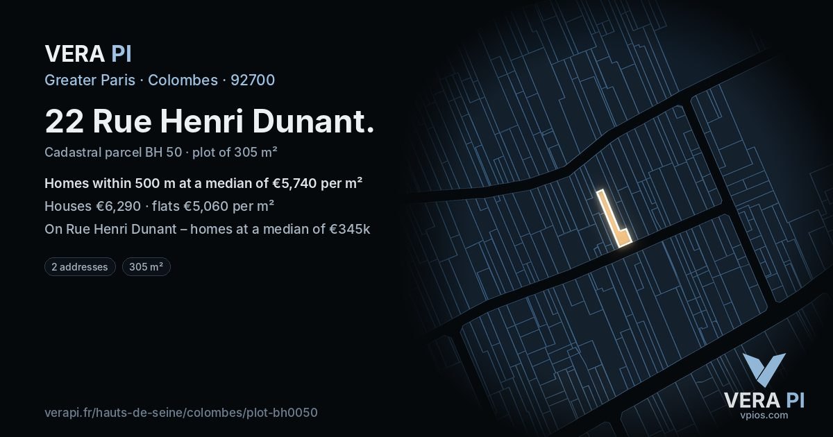 22 Rue Henri Dunant, Colombes at night – the plot lit, the parcels around coloured by the prices near them