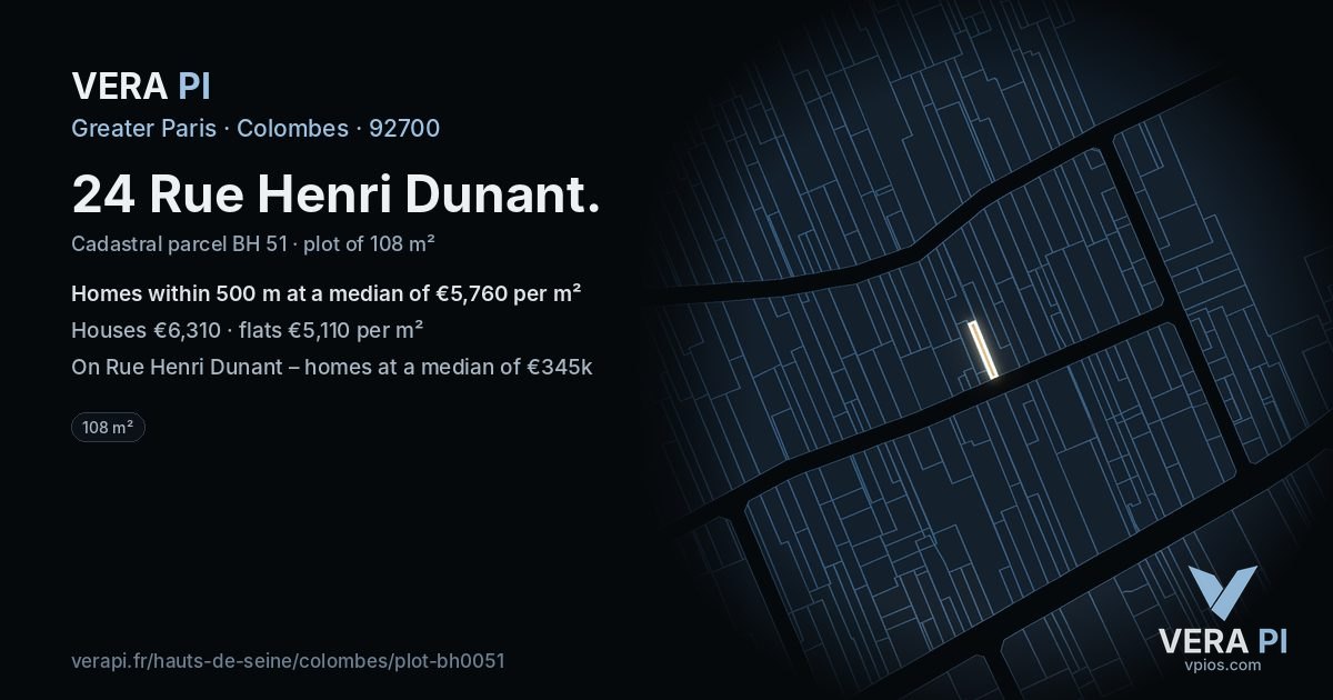 24 Rue Henri Dunant, Colombes at night – the plot lit, the parcels around coloured by the prices near them