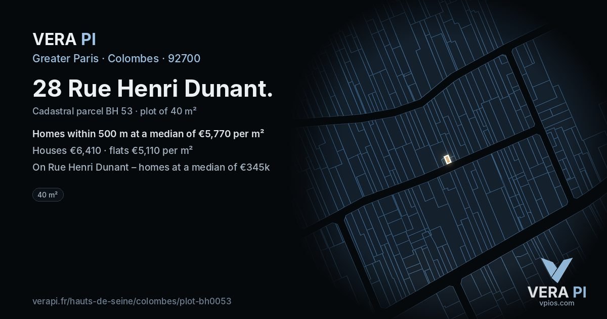 28 Rue Henri Dunant, Colombes at night – the plot lit, the parcels around coloured by the prices near them