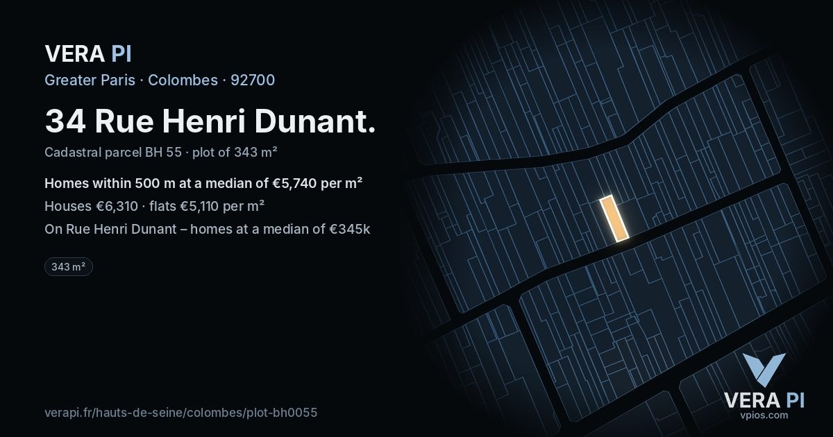 34 Rue Henri Dunant, Colombes at night – the plot lit, the parcels around coloured by the prices near them