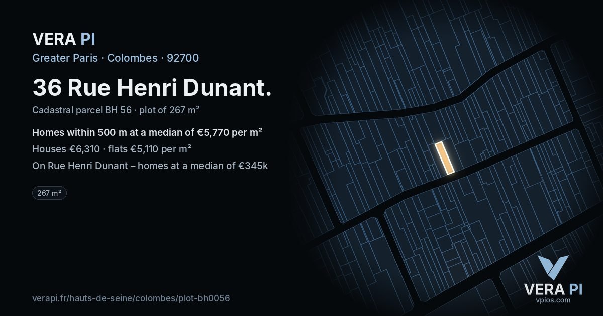36 Rue Henri Dunant, Colombes at night – the plot lit, the parcels around coloured by the prices near them