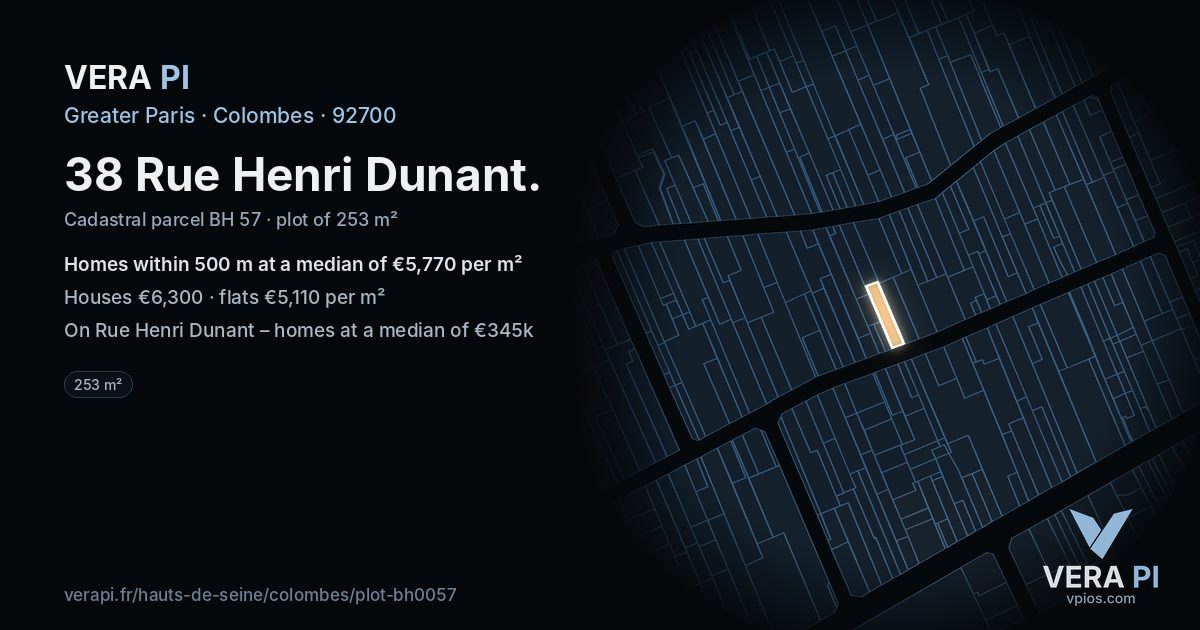 38 Rue Henri Dunant, Colombes at night – the plot lit, the parcels around coloured by the prices near them